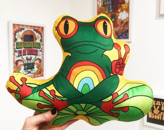 Hippie Frog Cushion, Peace Frog Plushie, Hippy Home Decor.