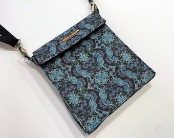 Peacock Print Tasche, Jugendstil Tasche, kleine Umhängetasche, schönes Geschenk für sie, blaue Cross Body Bag, hübsche handgemachte Tasche.