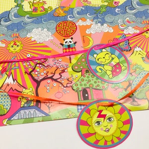May include: A colorful wrapping paper with a pink, orange, and green design. The paper features a variety of whimsical characters, including a cat, a panda, and a sun. The paper is decorated with ribbons and stars. The paper is perfect for wrapping gifts for a birthday or other special occasion.