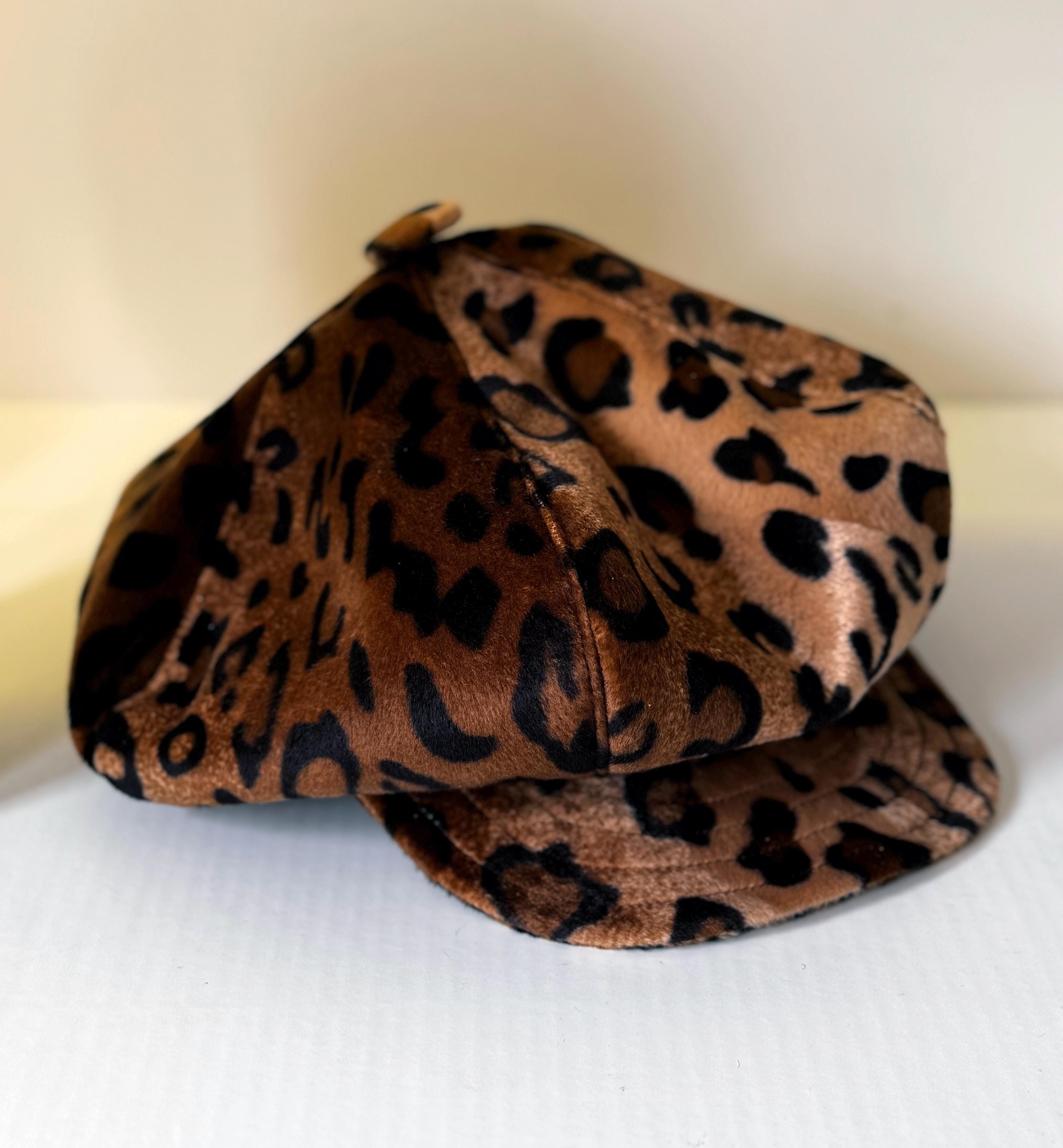Oversized Leopard Fur Baker Boy Cap, Animal Print Newsboy Hat