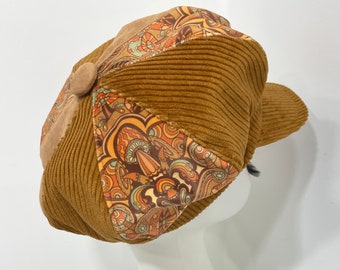 Handmade Corduroy Newsboy Cap, Paisley Mushroom Print, Faux Suede