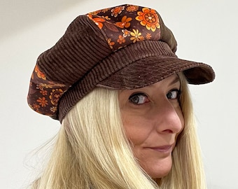 Baker boy hat, Newsboy Cap, 70's style, Retro Flowers, Brown Cap, Floral Hat, Velvet Hat, Hat for Women, 1960s Hat, 60's Fashion, Vintage.