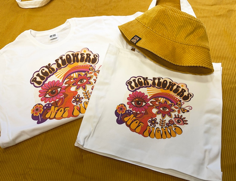 Retro tygväska, 60-tals blommönster, Flower Power-väska, 100 % bomullscanvasväska, miljövänlig. bild 2