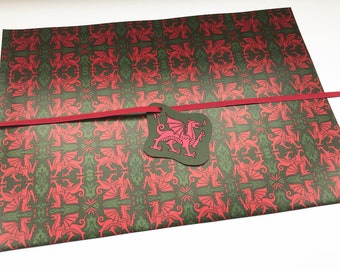 Welsh Red Dragon Gift Wrap with Tag and Ribbon