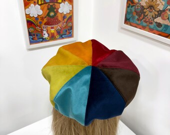 Multicolour Velvet Baker Boy Cap - 1970s Style, Vintage  display picture 2