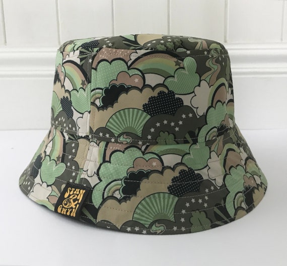 Vintage Print Hat, Green Bucket Hat, Patterned Sun Hat, Retro Clouds Print,  Khaki Bucket Hat, Fishing Hat, Mans Hat, Ladies Hat. 