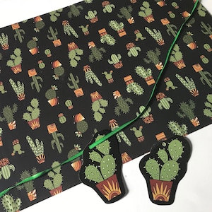 Cadeau pour amateur de plantes, papier cadeau végétal, pots de cactus, cactus, papier pour plantes, papier d'emballage de luxe, étiquettes cadeaux et ruban inclus.