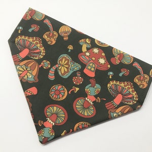 May include: A dark green bandana with a colorful mushroom pattern. The mushrooms are in various shades of red, orange, yellow, and blue.