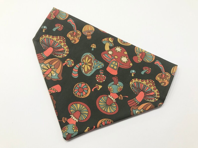 May include: A dark green bandana with a colorful mushroom pattern. The mushrooms are in various shades of red, orange, yellow, and blue.