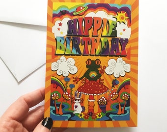 Psychedelische hippieverjaardagskaart, kunst in jaren 60-stijl.