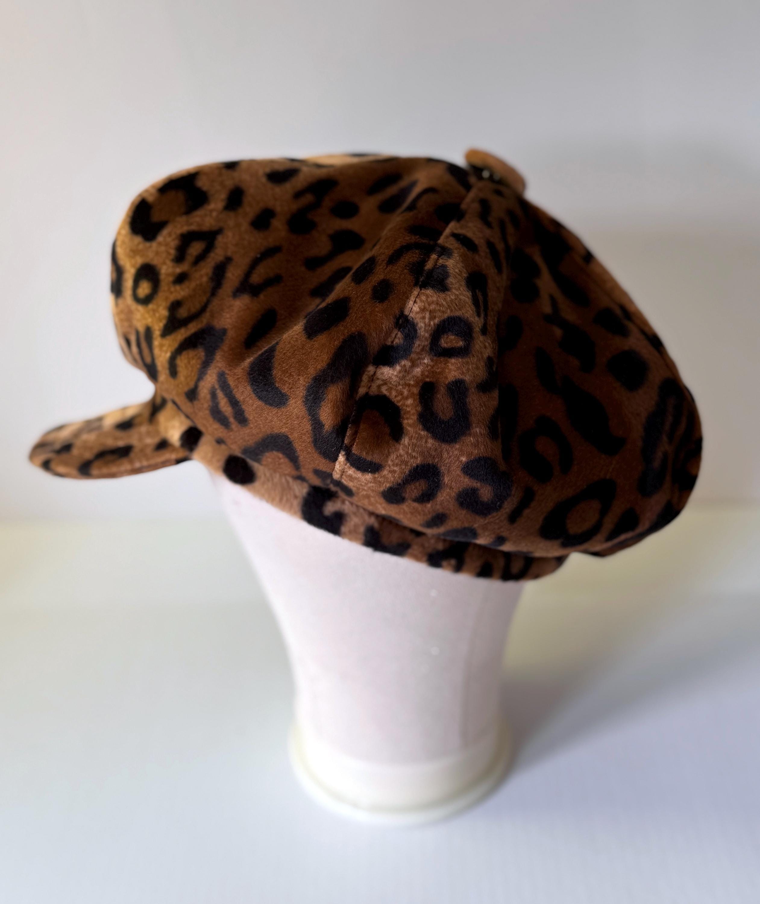 Oversized Leopard Fur Baker Boy Cap, Animal Print Newsboy Hat