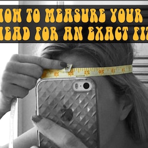 May include: A black and white instructional graphic with the yellow text HOW TO MEASURE YOUR HEAD FOR AN EXACT FIT. A yellow measuring tape is wrapped around a head, showing imperial inch markings to determine the circumference for a hat fit.