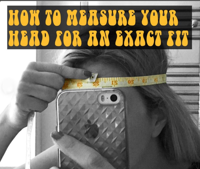 May include: A black and white instructional graphic with the yellow text HOW TO MEASURE YOUR HEAD FOR AN EXACT FIT. A yellow measuring tape is wrapped around a head, showing imperial inch markings to determine the circumference for a hat fit.