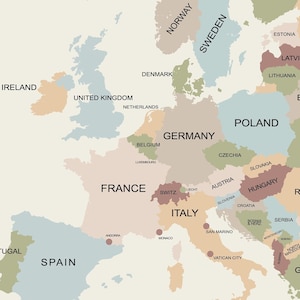 Carte de l'Europe, carte du continent européen avec pays, carte du monde, art mural Europe, carte de l'Europe, grande carte de l'Europe