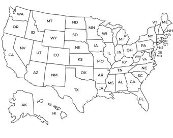 US Map Image of United States Black and White North America Outline Map Printable with State Names