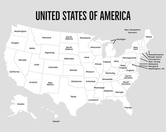 Map of the United States, 50 States Map of USA | USA Map Printable Digtial Download |  Usa map wall art | Usa map with states | Colored map