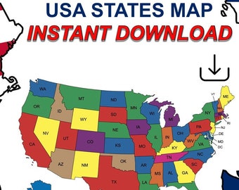 Map of the United States, 50 States Map of USA | USA Map Printable Digtial Download |  Usa map wall art | Usa map with states | Colored map