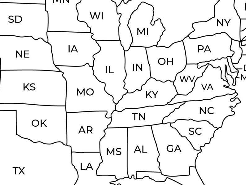 United States Map USA Labeled, Black and White Map USA Printable - Etsy