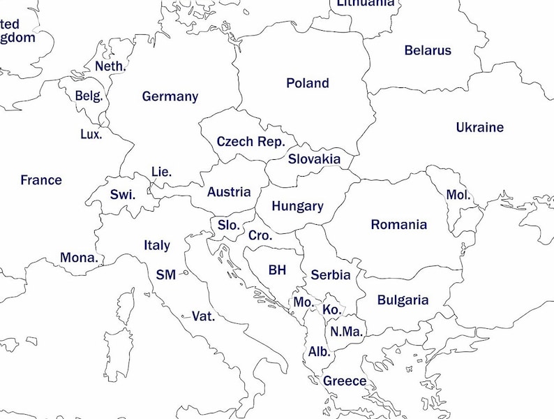 Digital Europe Map of European Countries Printable Download, Map of Eastern Europe, Map of Western Europe Stretch Mapping Countries image 3