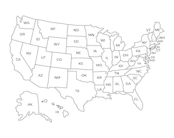 US Map with State Names | Printable | Contiguous USA + Alaska, Hawaii | Black & White | Simple