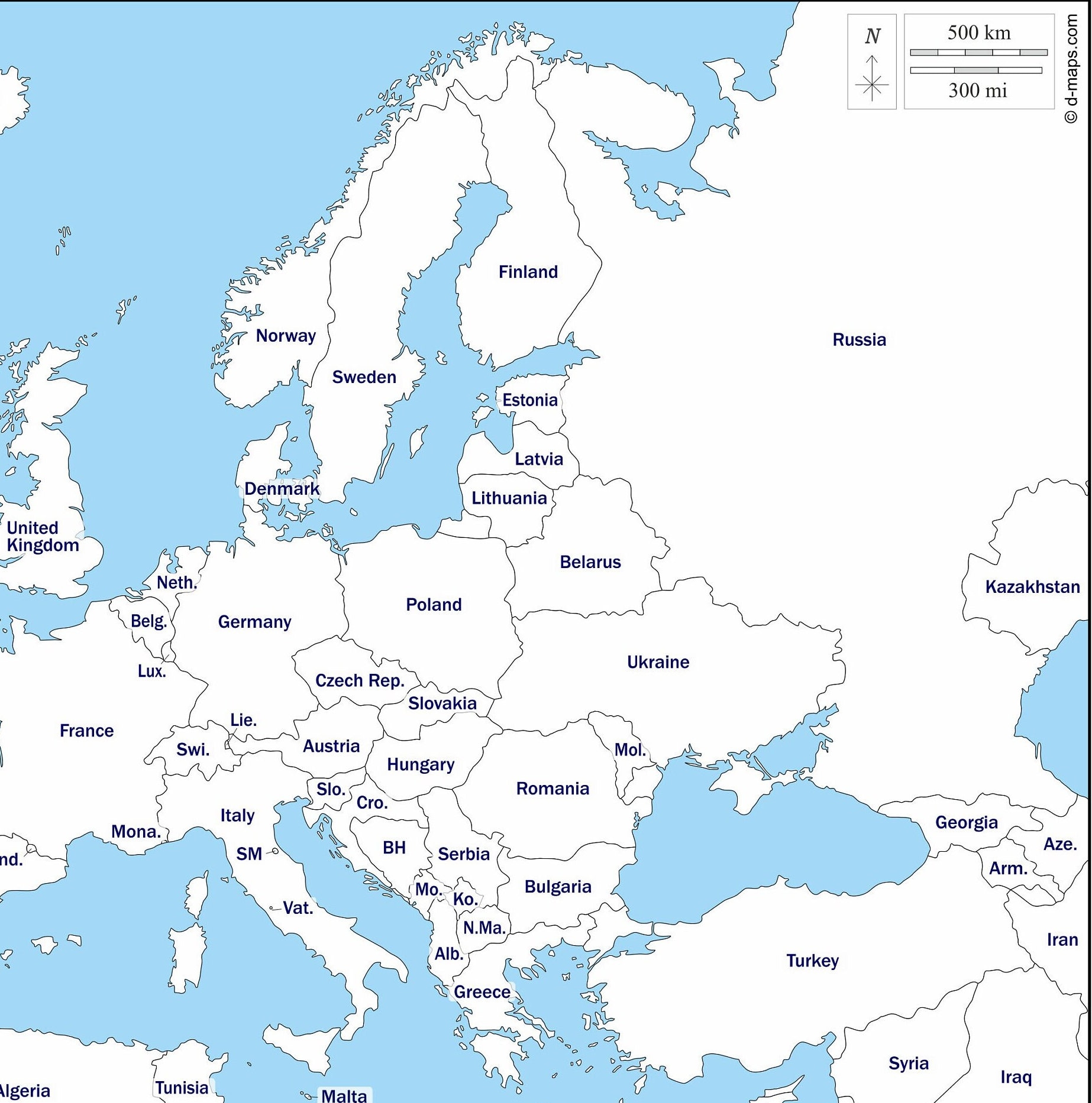 blank political map of europe with capitals