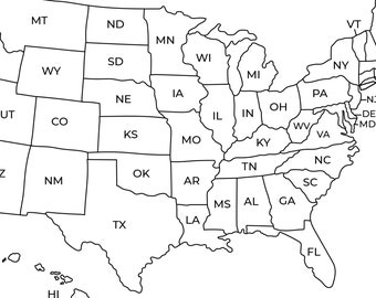 アメリカ合衆国の地図画像。白黒の北米アウトラインマップ（州名付き