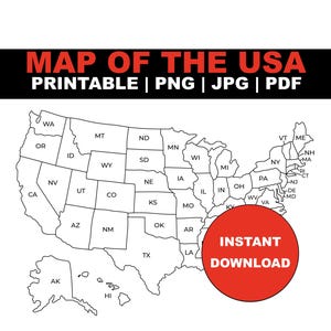 Carte des Etats-Unis - Contour des Etats-Unis imprimable avec étiquettes | Code couleur et suiveur d'objectifs de voyage | PNG, jpeg, pdf Télécharger