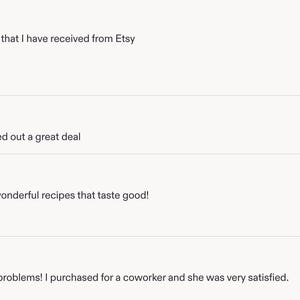 May include: A digital display of four five-star customer reviews for an Etsy shop. Each entry includes a star rating, the text of the review, the reviewer's name, and the date. One review includes a small thumbnail image of a food dish.