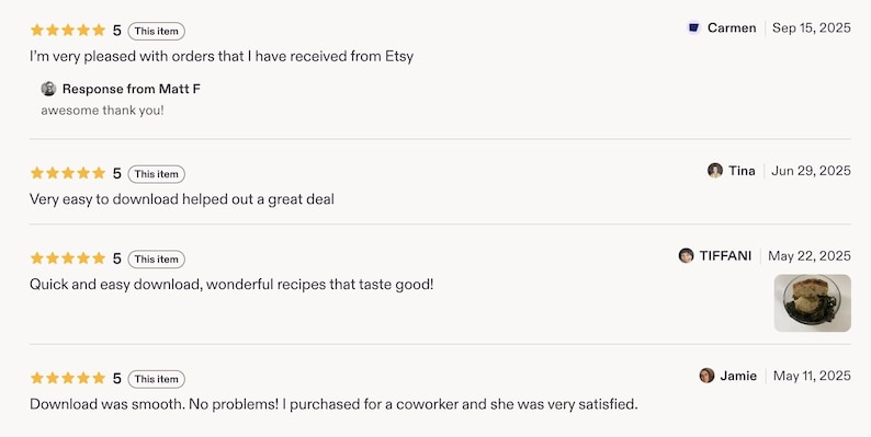 May include: A digital display of four five-star customer reviews for an Etsy shop. Each entry includes a star rating, the text of the review, the reviewer's name, and the date. One review includes a small thumbnail image of a food dish.