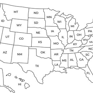 USA Map Druckbare Karte der Vereinigten Staaten von Amerika | 50 Staaten Karte von USA, Wandkunst mit Staaten | Schwarz und Weiß