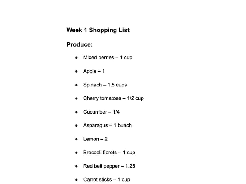 May include: A printed document titled Week 1 Shopping List with a Produce section listing items including mixed berries, apple, spinach, cherry tomatoes, cucumber, asparagus, lemon, broccoli florets, red bell pepper, and carrot sticks with quantities.