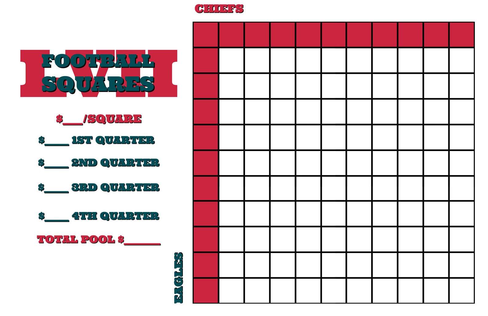 Super Bowl Pool Squares 2024 Super Bowl Squares Football Etsy UK