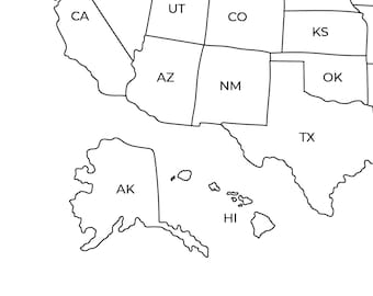州の略語付きで印刷可能な米国地図、デジタル米国地図、印刷に適した