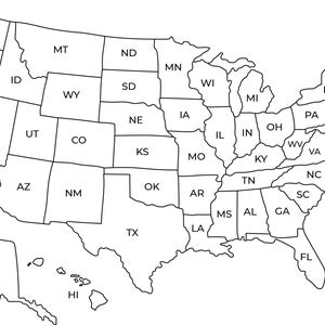 Karte von USA | USA Karte Printable | Druckbare Karte der USA |  USA Karte Wandkunst | Landkarte der USA mit Bundesstaaten | Schwarz Weiss USA Karte
