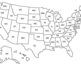 Carte des Etats-Unis imprimable | Carte des Etats-Unis imprimable | Carte imprimable des Etats-Unis |  Art mural carte des Etats-Unis | Carte des Etats-Unis avec les états | Mignonne carte des Etats-Unis en noir et blanc
