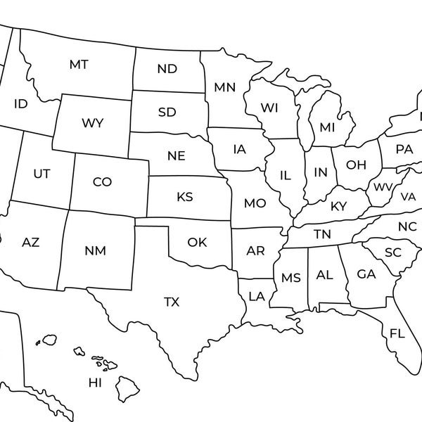 Map of USA Printable | USA Map Printable | Printable Usa Map |  Usa map wall art | Usa map with states | Black and White Usa Map Cute