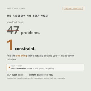 Puede incluir: Un documento digital titulado The Facebook Ads Self-Audit de Matt Makes Money. Contiene el texto you don't have 47 problems, 1 constraint y find the one thing that's actually costing you. Incluye un cuadro de veredicto y herramienta.