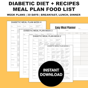 Menù per diabetici per un mese, piano dietetico stampabile di 30 giorni in PDF, foglio per diabete di tipo 2 di 7 giorni, semplice tabella degli alimenti, modello di pianificatore alimentare di 4 settimane