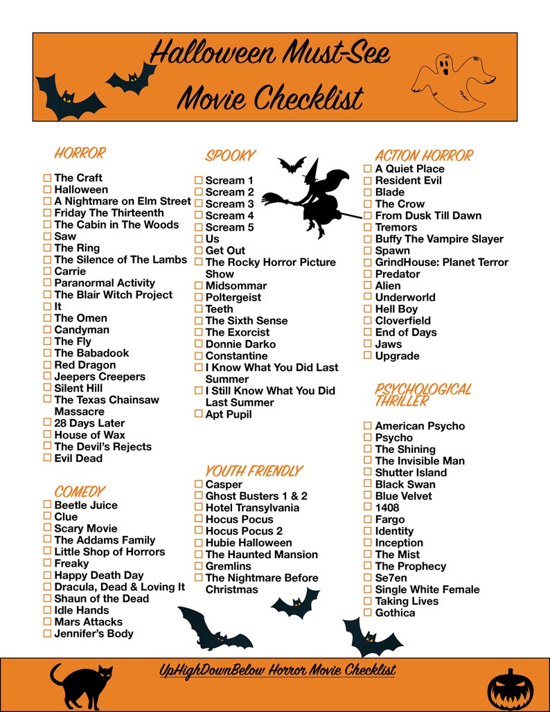 Must See Halloween Movie Checklist Halloween JPEG, PNG, Downloadable
