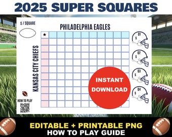 Football Squares Party Game | Editable Super Bowl Squares Template Printable Boxes | 2026 Pool Squares | Grid Rules