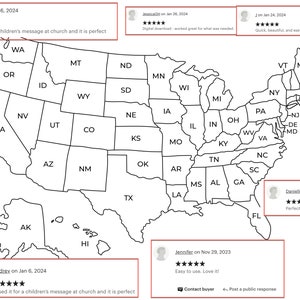 Peut inclure: Une carte des États-Unis en noir et blanc avec chaque État étiqueté. La carte est entourée d'avis clients avec cinq étoiles et des commentaires positifs.