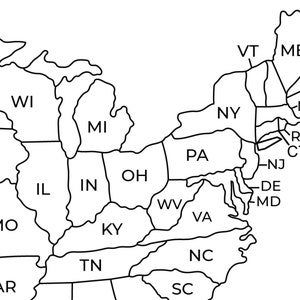 May include: A black and white outline map of the United States showing the states and their abbreviations.