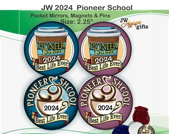 JW Pioneer gifts/Pioneer service year 2024/4 coffee cup designs/JW Gifts 2.25" pocket mirrors, magnets or pins/jw.org/pioneer gift/jw gifts