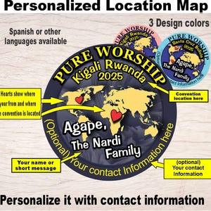 JW Geschenke/2025 Sonderkonvention - Pure Anbetung - Personalisierte Landkarte/ 1,5 "oder 2,25" Stiftmagnet-Schlüsselringe/2 Designs/jw.org