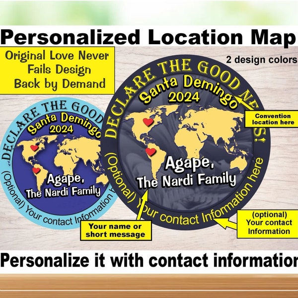 JW Gifts/2024 Special Convention - Declare the Good News Personalized Location Map/ 1.5" or 2.25"pin magnet keyrings/2 designs/jw.org