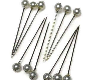 Silver glass pearl head straight pins, 12 or 24