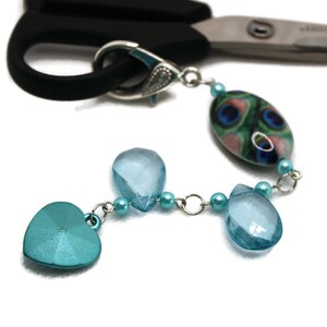 Aqua Peacock Scissor Fob with charm - Scissor minder