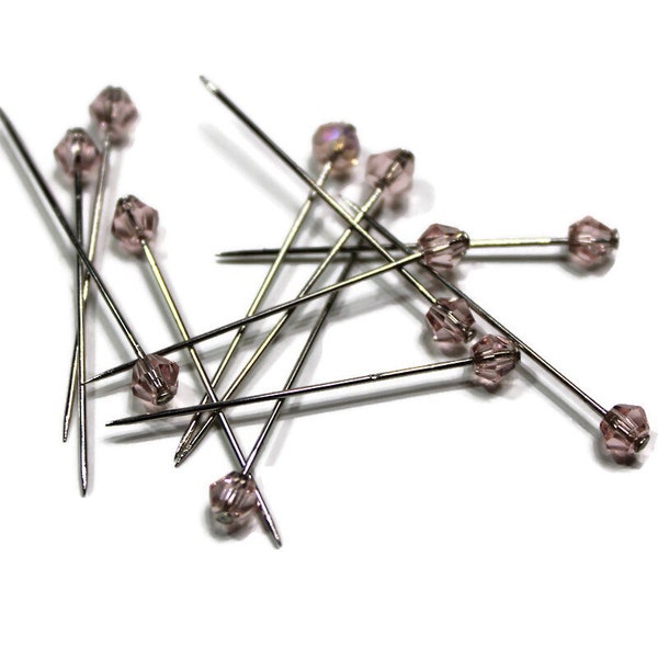 AB Pink Crystal Glass head straight pins 12 piece - Beaded Sewing Pins