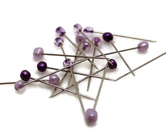 Broches à coudre à tête en verre violet mixte, compte 18 ou 36