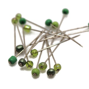 Mixed Green glass head sewing pins, 18 or 36 count